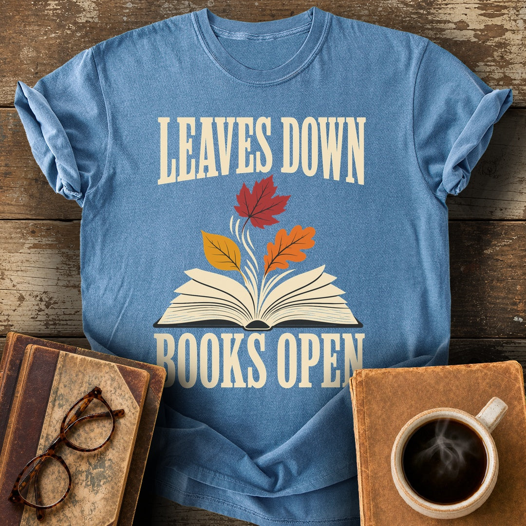 Leaves Down, Books Open Tee - blue jean shirt mockup